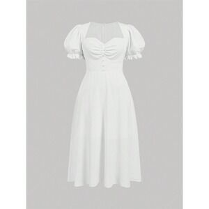 White‎ Midi Dress Square Neck Puff Sleeve Button Front Summer Casual Elegant M